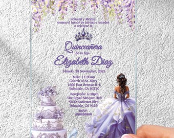 Invitación de quinceañera acrílica lila, elegante invitación para dulces dieciséis, invitaciones transparentes de color morado claro para fiesta de quince años