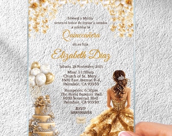Invitación de Quinceañera Dorada: Acrílico transparente, Tarjeta personalizada para Dulces 16
