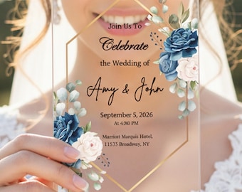 Invitación de boda con flores azules, elegante marco floral acrílico para matrimonio, tarjetas transparentes para compromiso, invitación de boda
