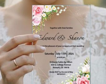 Invitación de boda con flores rosas, invitaciones acrílicas para matrimonio, tarjetas de compromiso con diseño floral