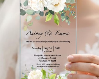 Invitación de boda acrílica con flores blancas, tarjetas de boda transparentes con diseño floral, invitación de matrimonio blanca