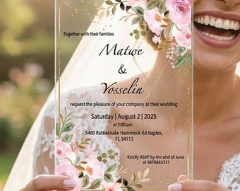 Invitación de boda acrílica con flores rosas, elegantes invitaciones con diseño de cuento de hadas para compromiso, tarjetas transparentes para matrimonio