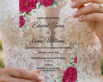 Invitación de boda color granate, invitación acrílica floral burdeos para compromiso, elegantes tarjetas transparentes para matrimonio