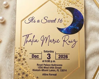 Invitación de espejo para quinceañera, invitación de noche estrellada para dulces 16, tarjetas elegantes para quinceañeras.