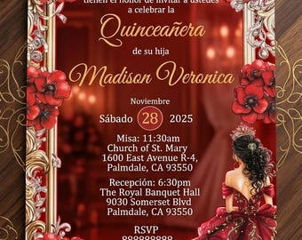Invitación espejo para quinceañera, invitaciones rojas para dulces 16, tarjetas elegantes para quinceañeras.