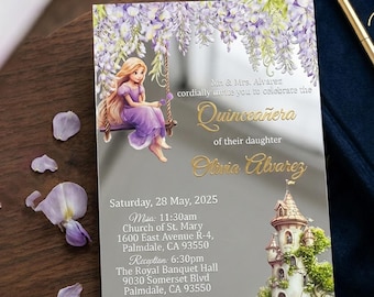 Invitación de Rapunzel con espejo para quinceañera, invitaciones de Enredados para fiesta de 16 años, invitaciones elegantes