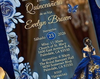 Invitación espejo para quinceañera, invitaciones azul rey para dulces 16, tarjetas elegantes para quinceañeras.