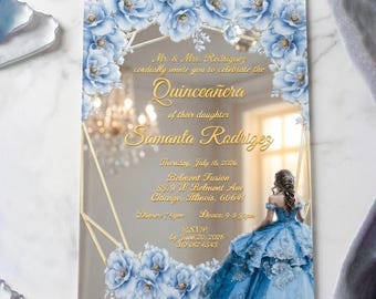 Invitación espejo para quinceañera, invitaciones azul bebé para dulces 16, tarjetas elegantes azul empolvado para quinceañeras.