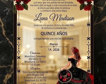 Invitación espejo para quinceañera, invitación negra y roja para dulces 16, tarjetas elegantes para quinceañeras.