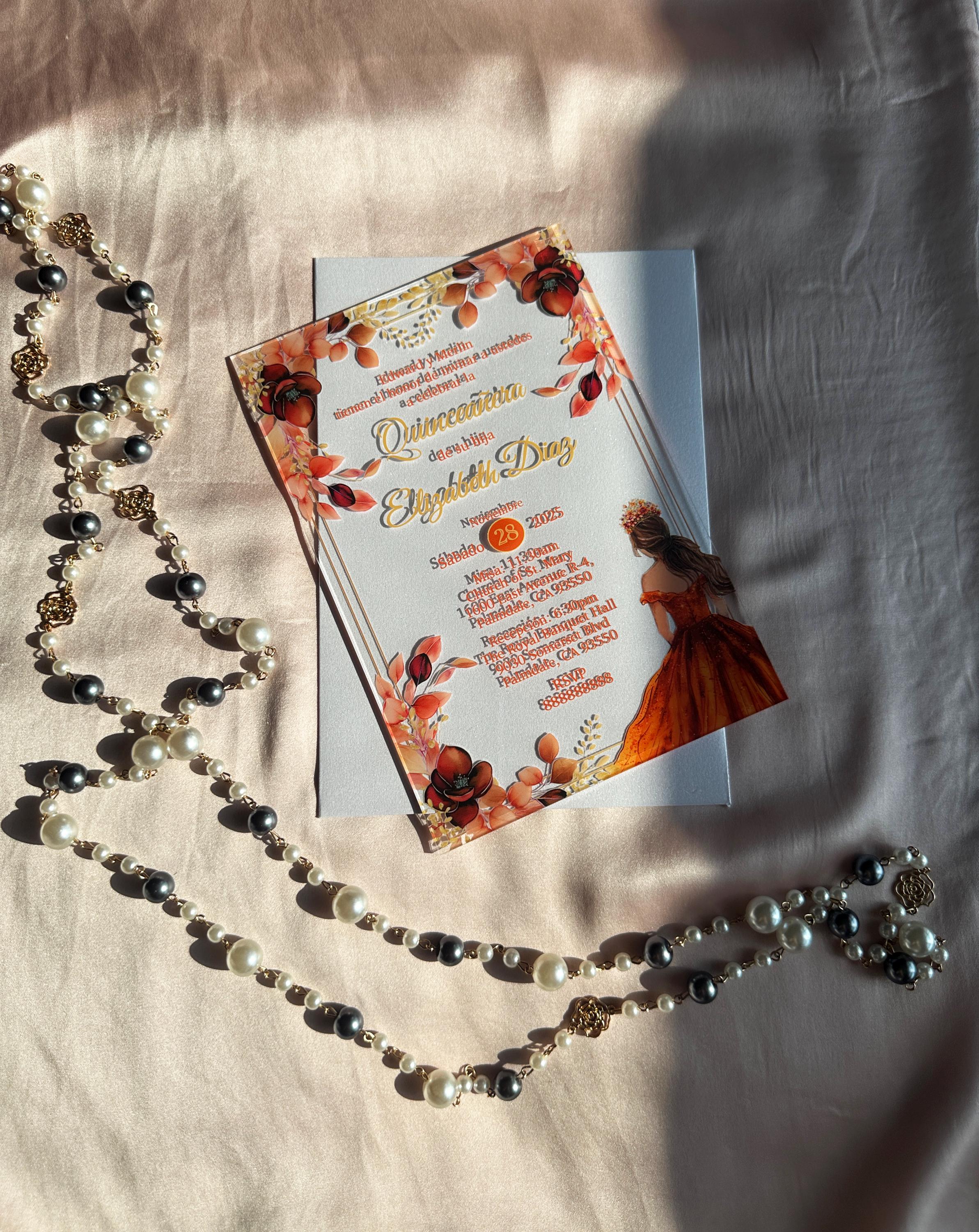 Burnt Orange Invitation Quinceanera, Acrylic Cards, Elegant Sweet