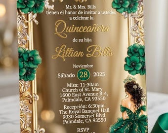Invitación espejo para quinceañera, invitaciones de dulce 16 verde esmeralda, tarjetas elegantes para quinceañera