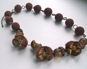 Felted necklace with brass and glass beads Brown felted necklace  Felt necklace  Handmade OOAK Wool necklace