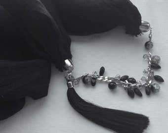 Black Linen scarf, elegant black scarf, black jewelry scarf,  gift for her scarf, linen scarf, scarves with jewelry,Organic Flax  scarf