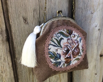 Beige Handbag, Evening Bag, Evening Purse, Velvet Handbag, Small Handbag, Wedding  Bag, Wedding Purse, Retro Handbag, Gift for her, Handmade