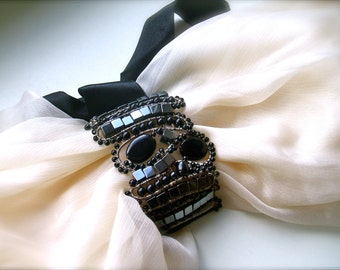 Black Lace Bracelet, black bracelet, Bead crochet bracelet  with beads ,Fashion Jewelry Designer, Freeform Crochet Bracelet Cuff, Beadwork