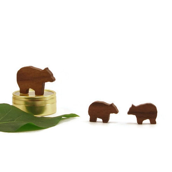 Miniature Wood Bears in a Tin -- Adult Bear, Two Cubs & Pale Gold Tin -  Hand-cut walnut wood bears fit in a pocket! micro Waldorf animals.