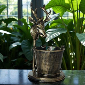 Handmade Deer Ashtray – Rustic Bronze Metal Bucket with Stag Head, Woodland Cabin Decor Gift