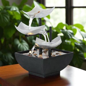 Metal & Plastic Tabletop Fountain - 3-Tier Iron Waterfall with LED - Zen Indoor Decor - Gift for Home or Office - EU/US Plug Options