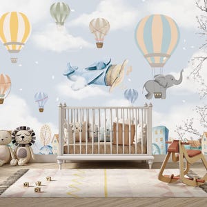 Hot Air Balloon Nursery Mural: Flying Elephant, Airplane, Pastel Sky Wallpaper