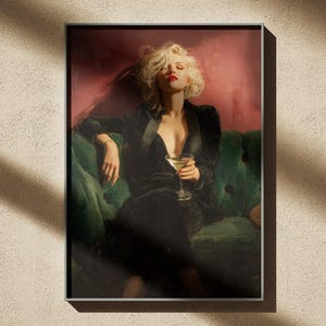 Retro Hot Girl Drinking Poster, Sexy Blonde Martini Wall Art, Classy Woman Print for Mancave, Bar or Luxurious Bedroom Decor