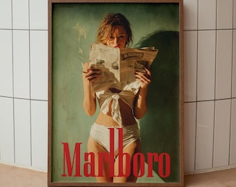 ビキニガールのレトロなピンナップポスター、男の隠れ家の装飾に - 寝室やバーの壁飾りに新聞を読む女性のヴィンテージホットプリント