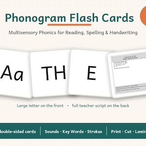 May include: Phonogram flash cards featuring large black letters on white squares, including 'Aa', 'TH', and 'E'. One card shows the reverse side with teacher script. The text reads 'Phonogram Flash Cards' and 'Multisensory Phonics for Reading, Spelling & Handwriting'.