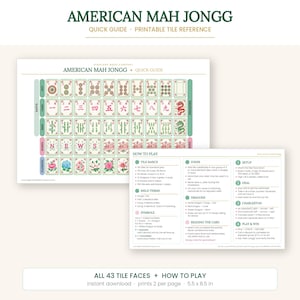 May include: A printable American Mah Jongg quick guide and tile reference sheet. The document displays 43 tile faces categorised by suits, dragons, winds, and flowers, alongside a how-to-play section detailing setup, dealing, and rules.