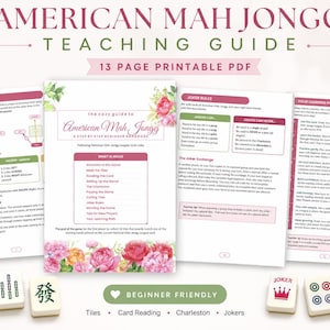 May include: A 13-page printable PDF teaching guide for American Mah Jongg. The cover features floral illustrations and the title 'The Cory Guide to American Mah Jongg'. Several pages are displayed showing rules, the Charleston, and Joker guidelines.
