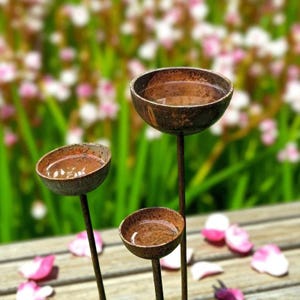 Rustic Bee Water Station Set | Metal Bird And Bee Cups For Garden | Outdoor Wildlife Decor | Unique Garden Sculpture | Nature Lover Gift