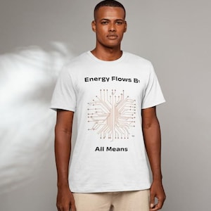 Könnte beinhalten: Ein weißes Kurzarm-T-Shirt mit einer zentralen kupferfarbenen Leiterplattengrafik. Der Text "Energy Flows By" ist über der Grafik gedruckt, und "All Means" steht darunter in einer einfachen schwarzen serifenlosen Schriftart.