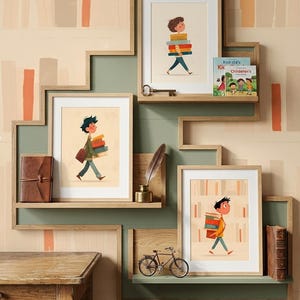 本を運ぶ男の子のアートプリント、風変わりなギャラリーウォール、小さな読書家の装飾（デジタルダウンロード）