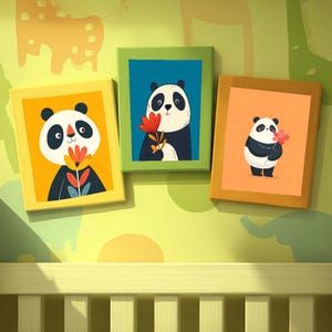 Panda Nursery Wall Art – Set of 3 Printable Panda Posters – Cute Animal Print for Kids Room Decor, Baby Girl or Boy Nursery Art