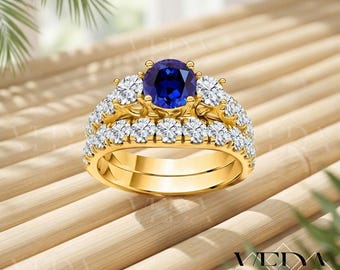 2.20 Ct Round Cut Blue Sapphire 14K Yellow Gold Plated Modern Art Deco Wedding Ring, Minimalist Jewelry, Art Deco Bridal Set, 925 Silver.