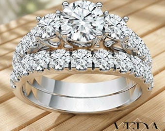 2.20 Ct Round Cut Real Moissanite 14K White Gold Plated Modern Art Deco Wedding Ring, Minimalist Jewelry, Art Deco Bridal Set, 925 Silver.