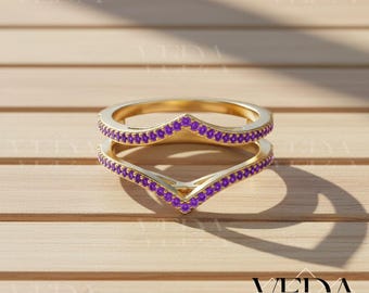 2 Ct Round Cut Amethyst Chevron Ring Guard, V-Shaped Wedding Band Enhancer, Curved Ring, Anniversary Wrap 14K Yellow Gold Plated