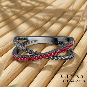 1.30Ct Round Cut Red Ruby Criss Cross Ring, 14k Black Gold Plated, Twisted Infinity Band, Unique Wedding Band, Birthstone Jewelry Gift