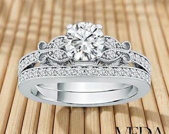 2Ct runder Moissanit | Hochzeit Braut Set | Art Deco Ring | Klassischer Brautring |  | 14K Weißgold überzogen | Frauen perfektes Schmuck Geschenk