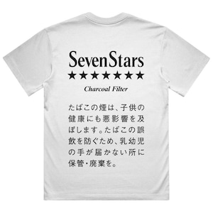 May include: A white short-sleeve t-shirt featuring black text and graphics on the back. The design includes the words Seven Stars, seven black stars, the text Charcoal Filter, and a block of Japanese text regarding health and safety warnings.