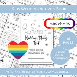 May include: A Kids Wedding Activity Book with a rainbow heart and the text "MRS & MRS". The book has 36 pages and is available as an instant digital download. The cover features line art of two brides and wedding rings.