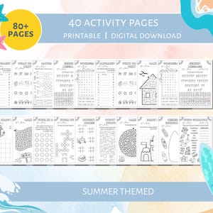 May include: A collection of summer-themed activity pages with mazes, word puzzles, and drawing prompts. The pages are black and white and feature images of beach items. The text reads "40 Activity Pages" and "Summer Themed".