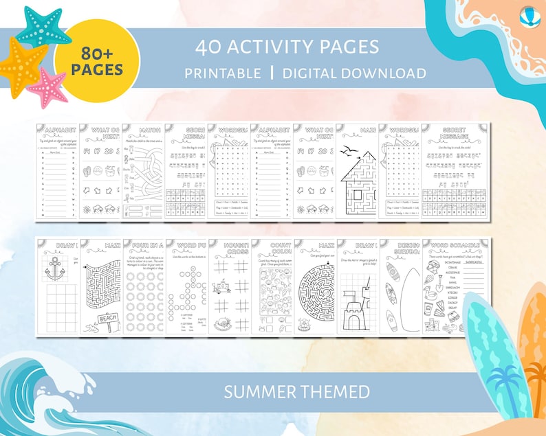 May include: A collection of summer-themed activity pages with mazes, word puzzles, and drawing prompts. The pages are black and white and feature images of beach items. The text reads "40 Activity Pages" and "Summer Themed".