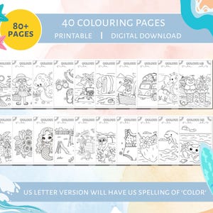 May include: A printable digital download of 40 coloring pages with summer-themed illustrations. The pages feature various beach scenes, characters, and objects. The image includes text that says "80+ PAGES" and "US LETTER VERSION WILL HAVE US SPELLING OF 'COLOR'".