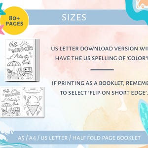 May include: A digital summer activity book with the text "Hello Summer Activity Book" and beach-themed illustrations. The image includes the text "80+ PAGES" and "US LETTER DOWNLOAD VERSION WILL HAVE THE US SPELLING OF 'COLOR'!"