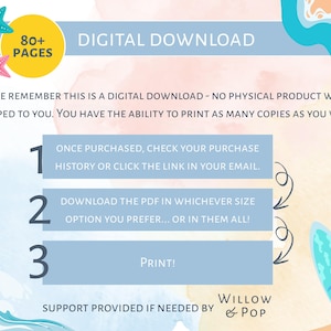 May include: Digital download graphic with instructions. The image features a yellow circle with "80+ PAGES" and instructions numbered 1-3. The text reads "Digital Download" and "Print!" with decorative starfish and surfboards.