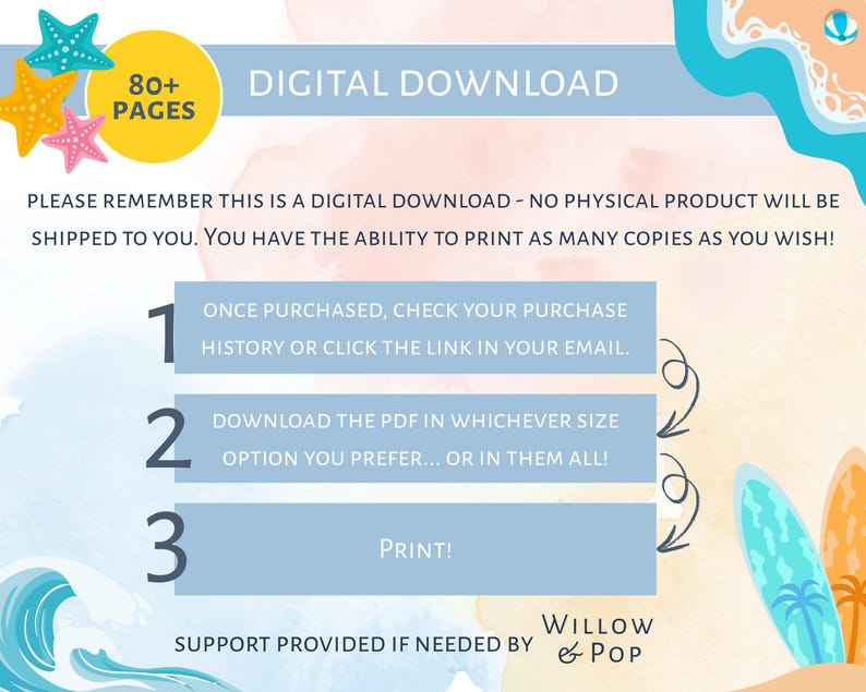 May include: Digital download graphic with instructions. The image features a yellow circle with "80+ PAGES" and instructions numbered 1-3. The text reads "Digital Download" and "Print!" with decorative starfish and surfboards.