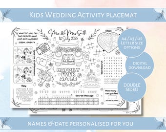 Personalized Kids Wedding Activity Placemat: Double Sided Coloring Mat (Digital Download)
