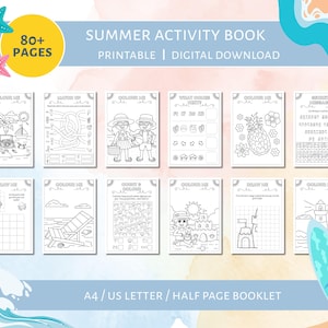 May include: A printable summer activity book with over 80 pages, featuring various coloring and activity pages. The cover displays the title "SUMMER ACTIVITY BOOK" and includes images of starfish, waves, and surfboards. The book is available in A4/US Letter/Half Page Booklet sizes.