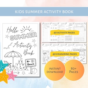 May include: A black and white "Hello Summer Activity Book" with beach-themed illustrations, including a sun, umbrella, and sandcastle. The book contains 40 activity pages and 40 coloring pages, with an instant download option.