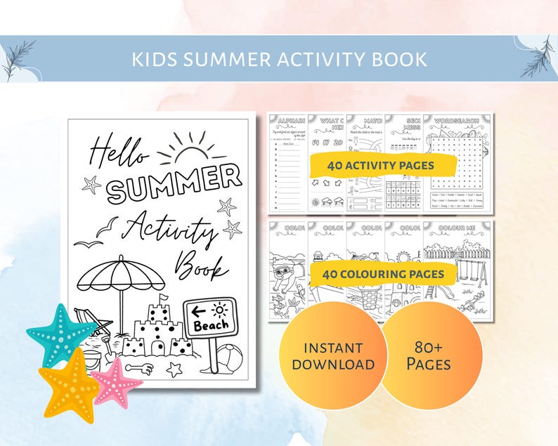 May include: A black and white "Hello Summer Activity Book" with beach-themed illustrations, including a sun, umbrella, and sandcastle. The book contains 40 activity pages and 40 coloring pages, with an instant download option.