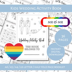 Op de afbeelding: Een zwart-wit trouwactiviteitenboek voor kinderen, met illustraties van een homostel, harten en trouwringen. De omslag leest "Kids Wedding Activity Book" en "Mr & Mr". Bevat 36 pagina's.